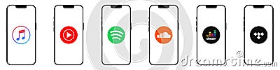 Apple Music, Spotify, YouTube Music, Soundcloud, Deezer, Tidal. - Popular music streaming services logo on iPhone 12 screen. Vector Illustration