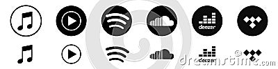 Apple Music, Spotify, YouTube Music, SoundCloud, Deezer, Tidal is a set of logos for popular music streaming services. Vector Vector Illustration