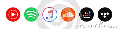 Apple Music, Spotify, YouTube Music, SoundCloud, Deezer, Tidal - a set of logos for popular music streaming services. Vector logos Vector Illustration