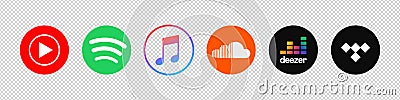 Apple Music, Spotify, YouTube Music, SoundCloud, Deezer, Tidal - a set of logos for popular music streaming services. Vector logos Vector Illustration