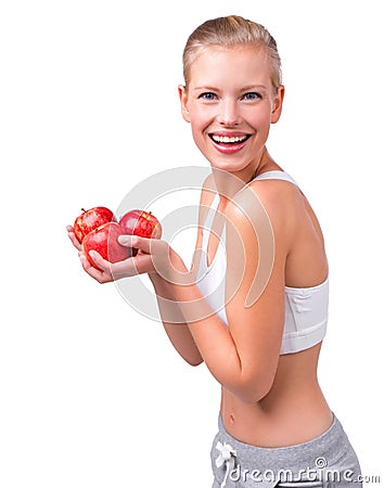 Apple, nutrition and happy portrait of woman with benefits in diet on white background in studio. Girl, smile and eating Stock Photo