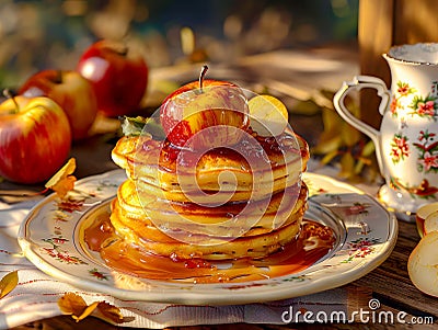 Apple Pancakes with Honey and Jelly Stock Photo