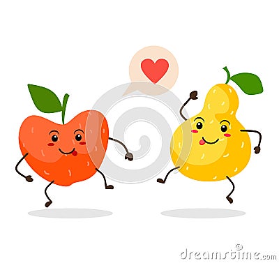 Cute and funny apple and pear emoticons. Vector fruit on white background Vector Illustration
