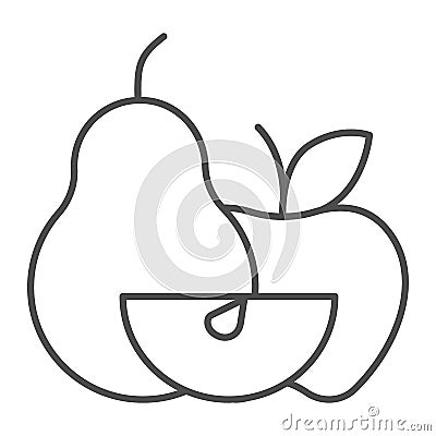 Apple with pear and apple slice thin line icon, Thanksgiving Day concept, Harvest fruit composition sign on white Vector Illustration