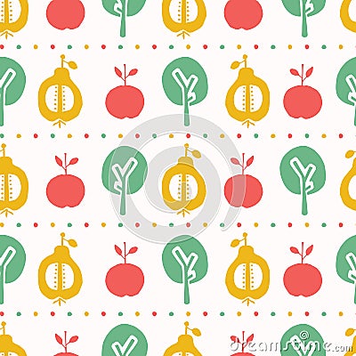 Apple pear tree seamless vector pattern background. Hand drawn paper cut out stripes. Matisse style. Fruit garden folk art all Stock Photo