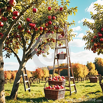 Apple Picking Orchard with Ladder and Baskets Stock Photo