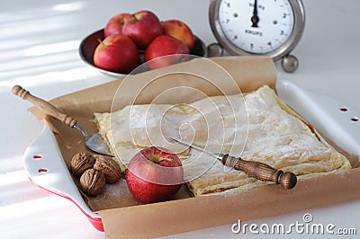 Apple Pie, Apples and Vintage Kitchen Scale Stock Photo