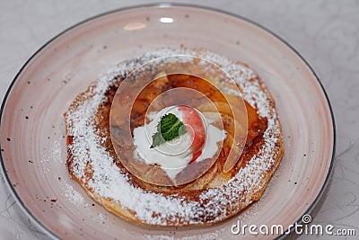 Apple pie on the plate with vanilla ice cream. Restaurant food. Traditional desert. Stock Photo