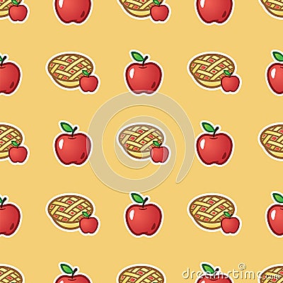 Apple pie on red pattern background. Sweet and tasty baked fruit pie from red apples seamless pattern. Vector Illustration