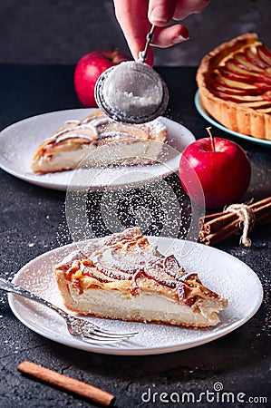 Apple Pie. Tart on a plate with spice cinnamon and anise star on dark background Stock Photo