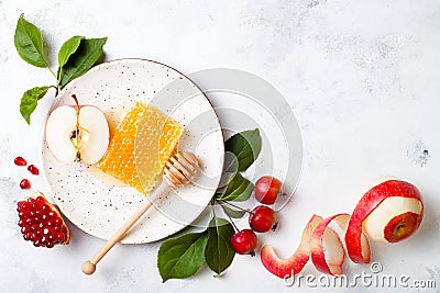 Apple, pomegranate and honey, traditional food of jewish New Year - Rosh Hashana Stock Photo