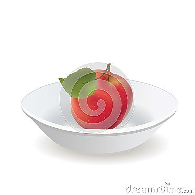 apple is red with a leaf on a white plate. Vector Illustration