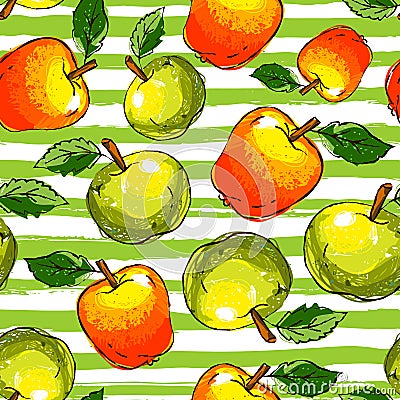 Apple seamless pattern. Hand-drawn apples on a isolated striped background. Watercolor stylization, Vector illustration Vector Illustration