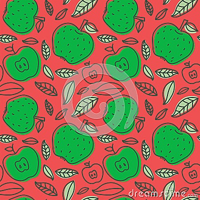 Apple seamless pattern. Hand drawn fresh fruit. Multicolored vector sketch background. Colorful doodle wallpaper. Red and green p Vector Illustration