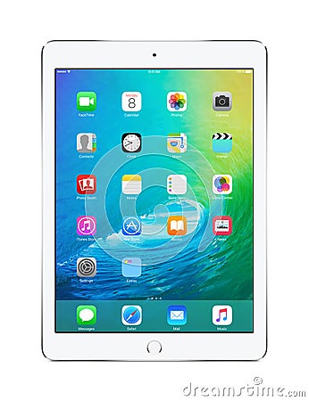 Apple Silver iPad Air 2 with iOS 9, designed by Apple Inc. Editorial Stock Photo