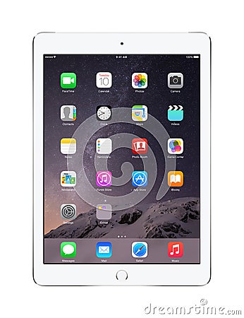 Apple Silver iPad Air 2 with iOS 8, designed by Apple Inc. Editorial Stock Photo