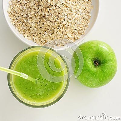 Apple, smoothie and oatmeal cereal Stock Photo