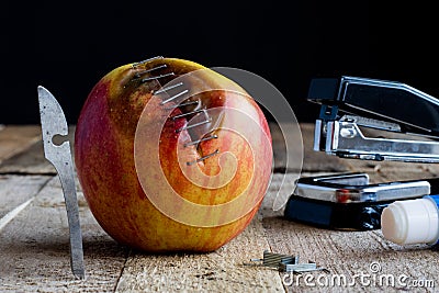 Apple with stapler Stock Photo