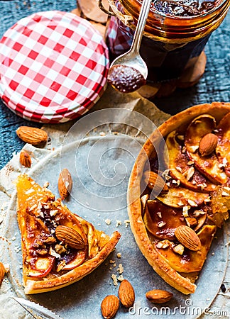 Apple tart with caramel, a piece of cake, top view Stock Photo