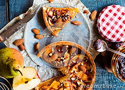 Apple tart with caramel, a piece of cake, top view Stock Photo