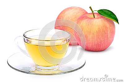 Apple cider tea and fresh ripe pink red apple fruit isolated on white. Stock Photo