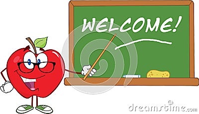 Apple Teacher Character With A Pointer In Front Of Stock Photo