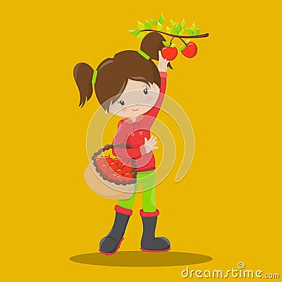 apple time fun girl picking apples 03 Cartoon Illustration