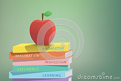 Apple on top stack books green background illustration vector. E Vector Illustration