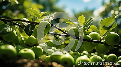 Apple tree bearing fruit, from below, in a green garden , Generate AI Stock Photo