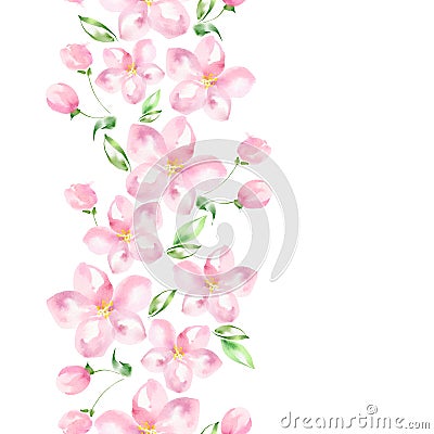 Apple tree in bloom. Seamless border. Watercolor flowers Stock Photo