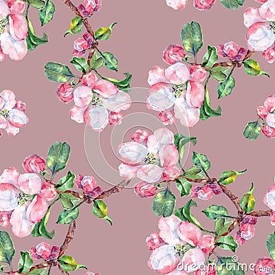 Branch Flowers Apple. Handiwork Watercolor Seamless Pattern on a Violet Background. Stock Photo