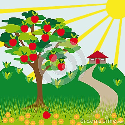 Apple tree hill and house Vector Illustration