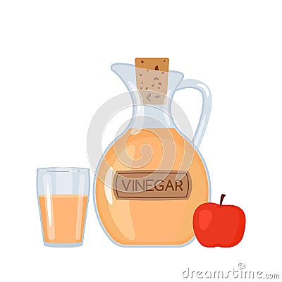 Apple vinegar in a bottle and a glass with an apple. A flat vector illustration isolated Cartoon Illustration