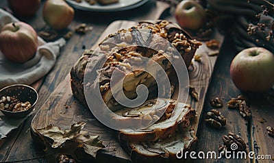 Apple and walnut bread sliced on a wooden board Stock Photo