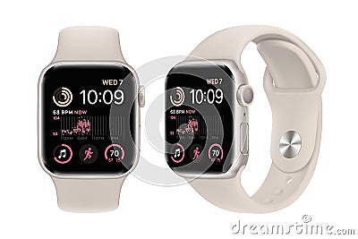 Apple Watch SE, in front side and sideways, in official starlight color, on white background Vector Illustration