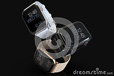 3 Apple Watch 4 style smartwatches floating Stock Photo