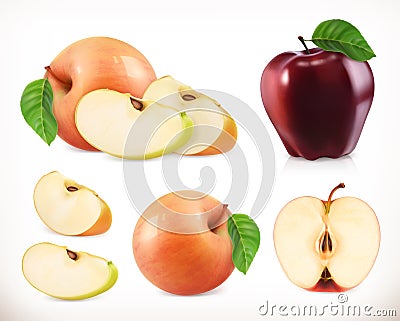 Apple. Whole and pieces. Sweet fruit. 3d vector icons set Vector Illustration