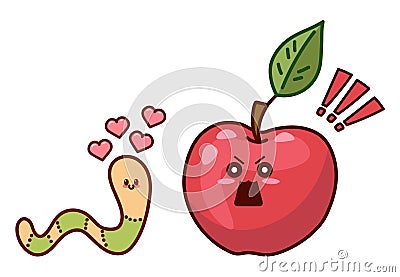 Apple and worm. Toxic love. Funny vector illustration isolated on white background Vector Illustration