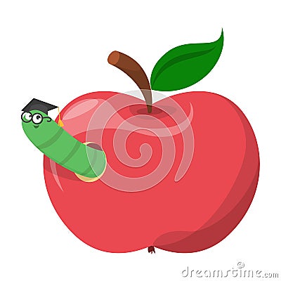 Apple worm vector isolated. Funny green insect looking out Stock Photo