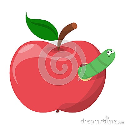 Apple worm vector isolated. Funny green insect looking out Stock Photo
