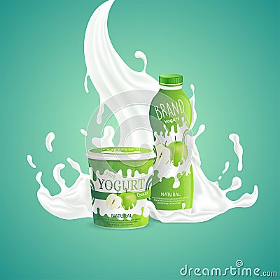 Apple yogurt packaging design with splashing of milk swirl. Tasty natural food vector cartoon illustration. Vector Illustration