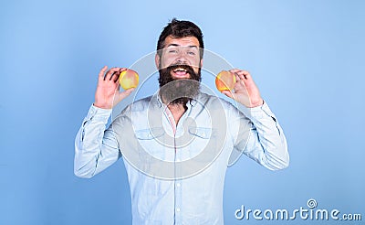 Apples antioxidant compounds responsible health benefits. Nutritional choice. Man with beard hipster hold apple fruit in Stock Photo