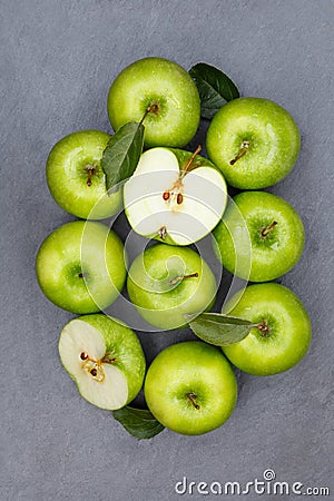 Apples apple fruit fruits slate green portrait format top view Stock Photo