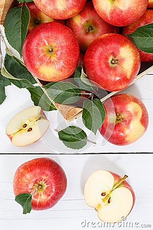 Apples apple fruits fruit from above portrait format autumn fall box Stock Photo