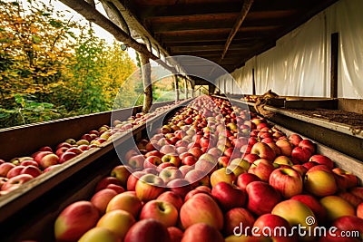 apples being sorted and graded on a conveyor belt Stock Photo