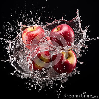 Apples being splashed by a big wave of liquid, midair. Stock Photo