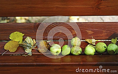 Apples on bench Stock Photo