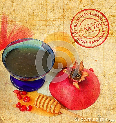 Apples, cut red pomegranate and honey on the old paper texture. Jewish New Year Rosh Hashanah symbols. Shana Tova round stamp Stock Photo
