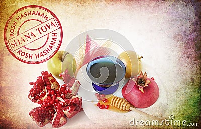 Apples, cut red pomegranate and honey on the old paper texture. Jewish New Year Rosh Hashanah symbols. Shana Tova round stamp Stock Photo