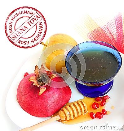 Apples,cut ripe red pomegranate and honey on a white background. Jewish New Year symbols . Rosh Hashanah. Shana Tova round stamp Stock Photo